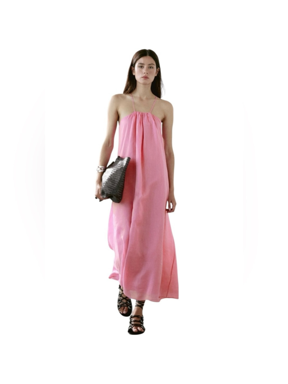 Massimo Dutti Long Gathered Pink Dress With a Halter Neckline in Sz S